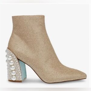 Betsey Johnson Tan Heeled Boots with Pearl Detail